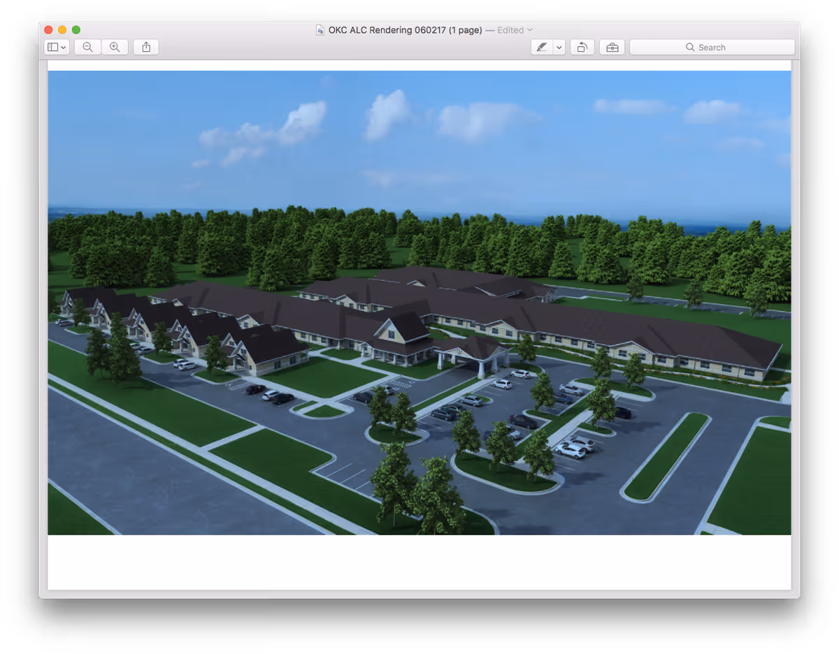Aerial rendering of a large senior assisted living facility surrounded by trees and greenery, featuring multiple connected buildings with dark roofs, parking lots with cars, and landscaped areas with trees and sidewalks.