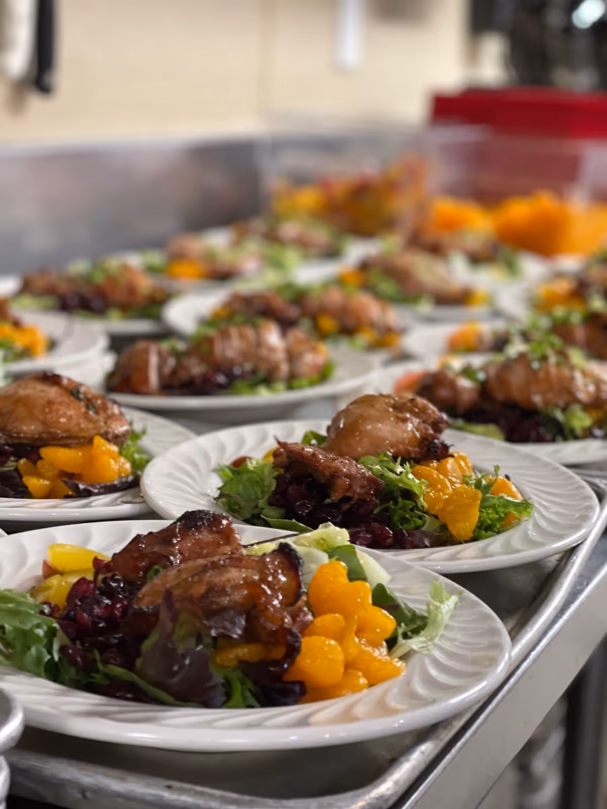 Multiple white plates arranged in a row on a metal counter, each plate containing a salad with leafy greens, mandarin orange segments, dried cranberries, and a piece of glazed roasted chicken.