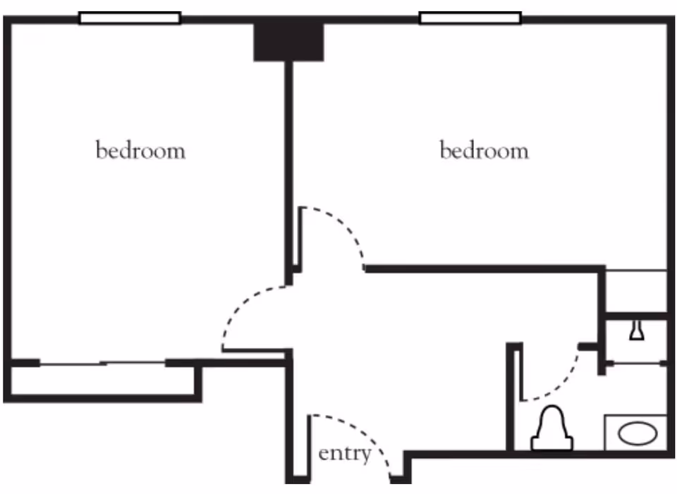 Black and white architectural floor plan showing two bedrooms, an entry area, and a bathroom with a toilet and sink.