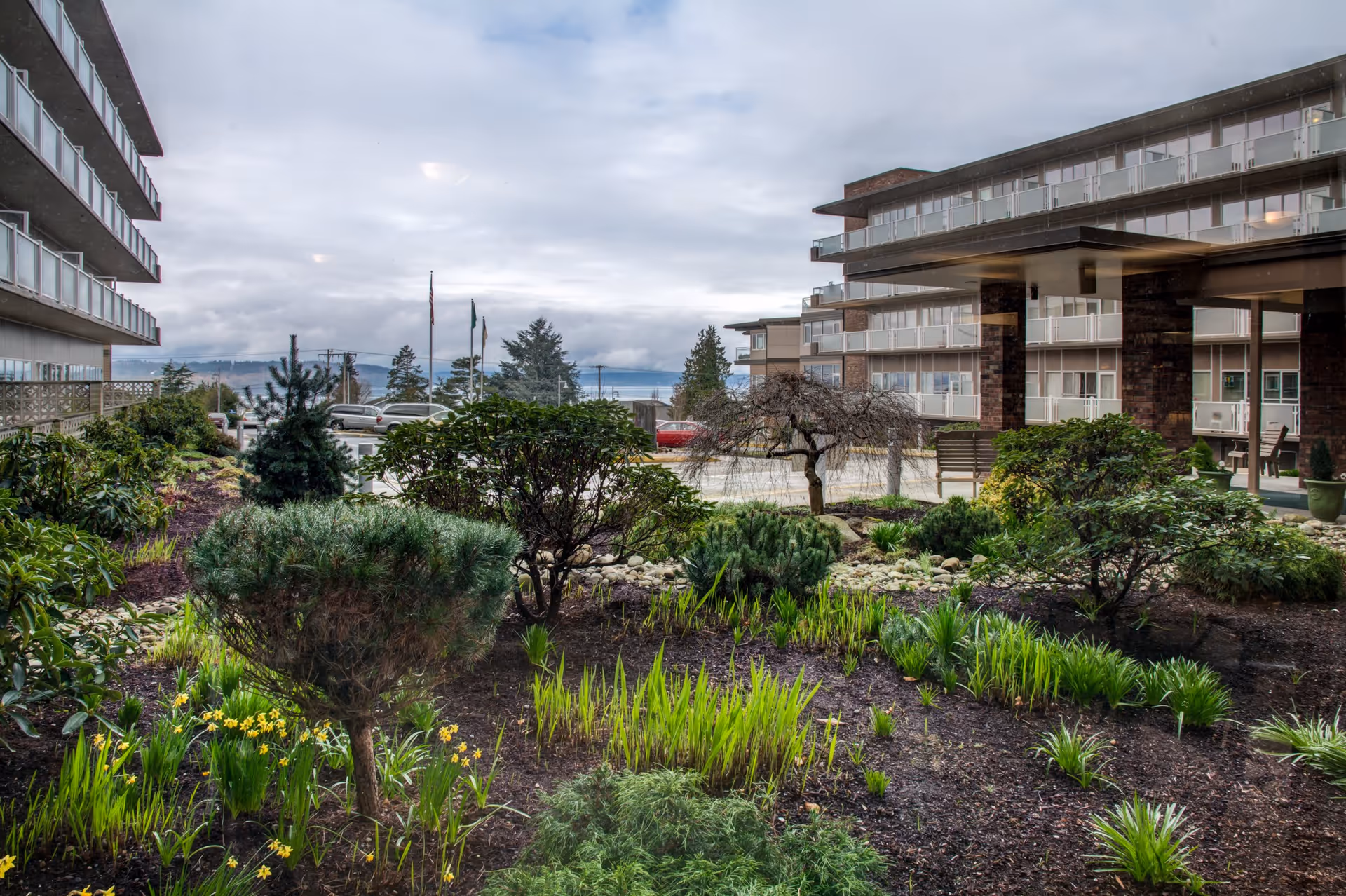 View of a landscaped garden area with various shrubs, small trees, and flowering plants in front of a multi-story retirement community building under a cloudy sky. There are flags and parked cars visible in the background.