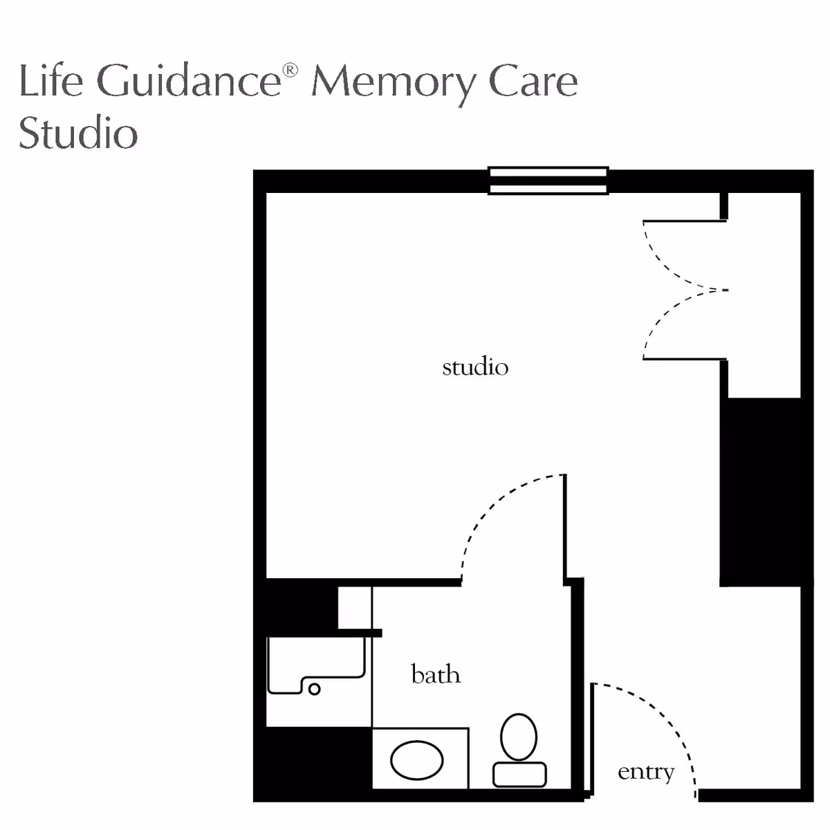Floor plan layout of a Life Guidance Memory Care Studio at Artis Senior Living of Briarcliff Manor, showing an entry area, a studio room, and a bathroom with a sink, toilet, and bathtub.