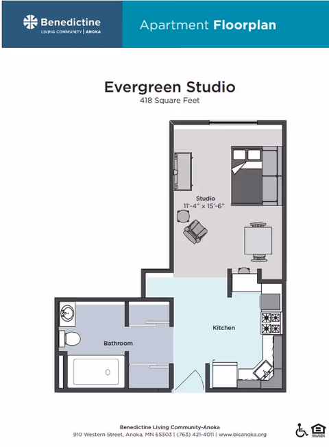 Floor plan of Evergreen Studio apartment at Benedictine Living Community-Anoka, showing a studio area with bed, chair, and table, a kitchen area, and a bathroom with bathtub and toilet.