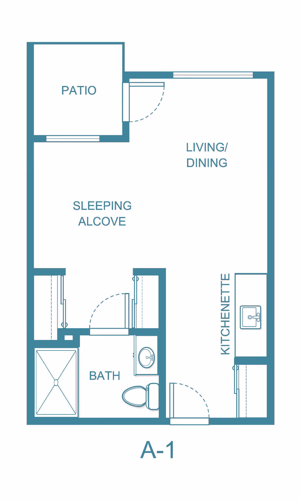 Floor plan layout of a studio apartment labeled A-1, showing a patio, living/dining area, sleeping alcove, kitchenette, and a bathroom with a shower, toilet, and sink.