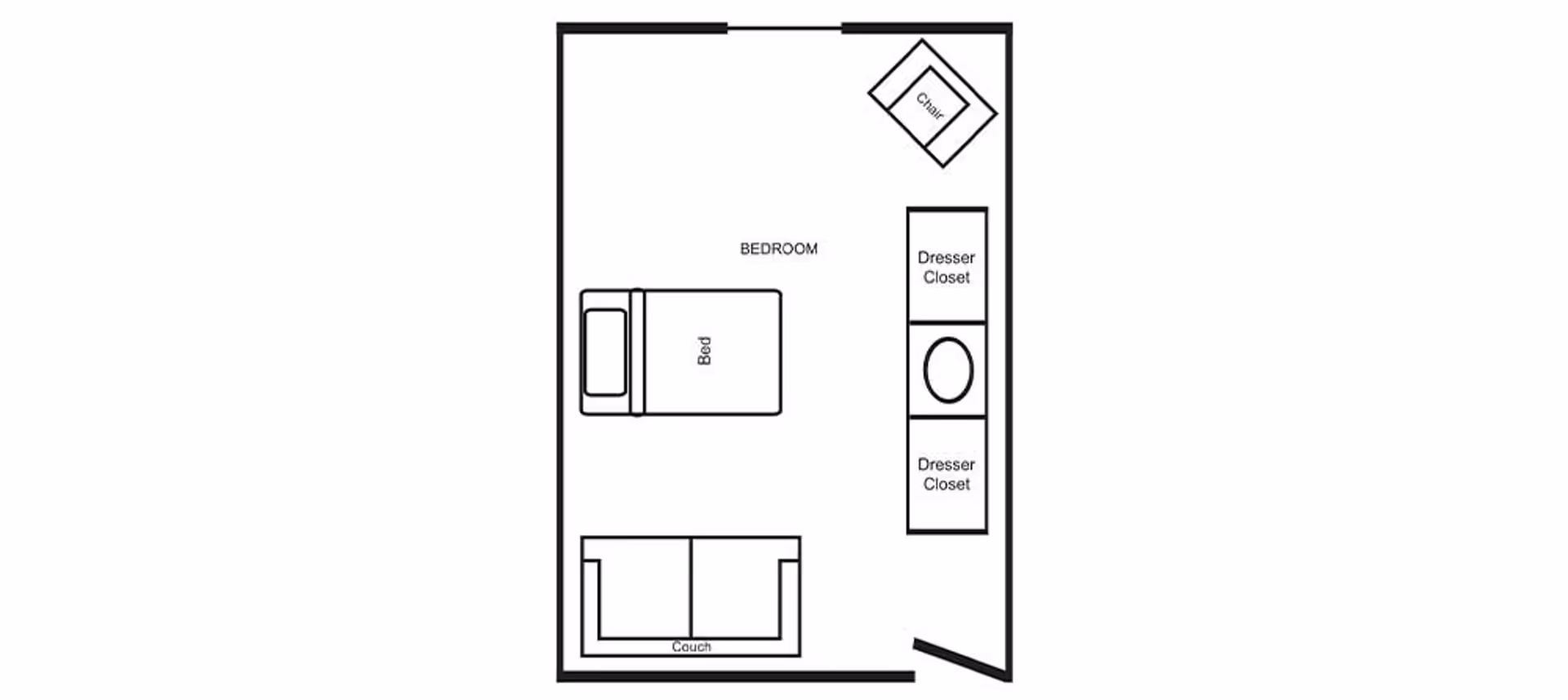 Black-and-white floor plan of a bedroom showing a bed, couch, dresser closets, a chair, and an entryway.