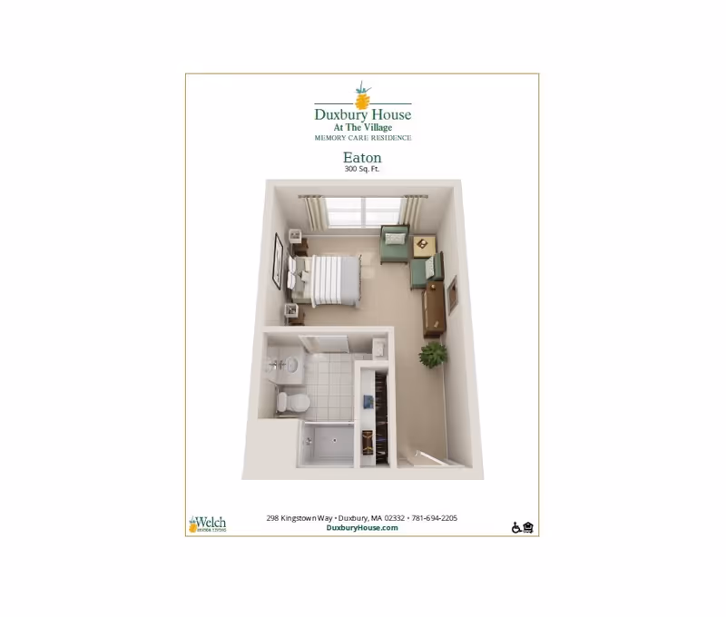3D floor plan rendering of the 'Eaton' 300 sq. ft. studio unit showing a bed, sitting area, bathroom, and closet.