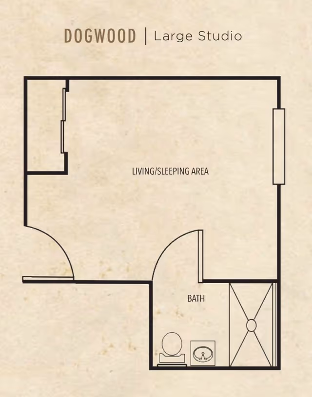 Floor plan layout of a large studio apartment named Dogwood, showing a living/sleeping area and a separate bathroom with a toilet, sink, and shower.