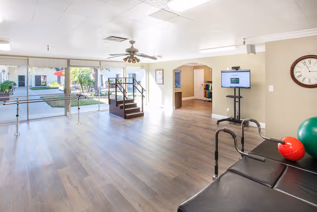 A bright and spacious rehabilitation or physical therapy room with wooden flooring, a ceiling fan, parallel bars for walking exercises, a small staircase for step training, a large wall clock, exercise balls, and a monitor on a stand. Large windows provide a view of an outdoor courtyard with greenery.