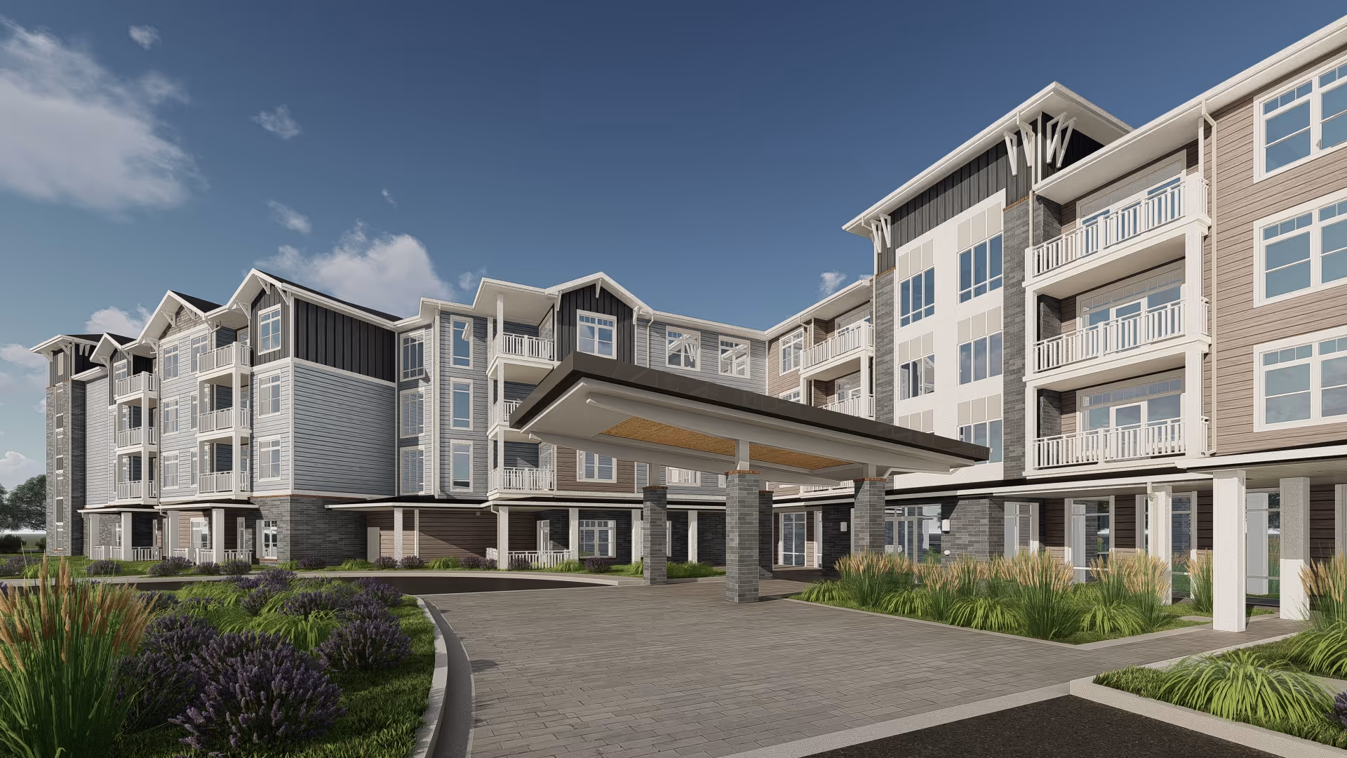 Exterior view of The Davis Community senior living building with a covered drop-off and landscaped entrance.