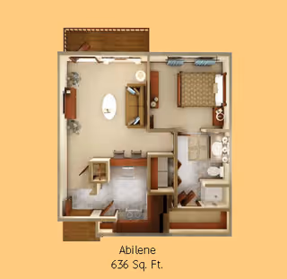 Floor plan of a senior living apartment named Abilene with 636 square feet, showing a bedroom, bathroom, kitchen, living area, and a small balcony.