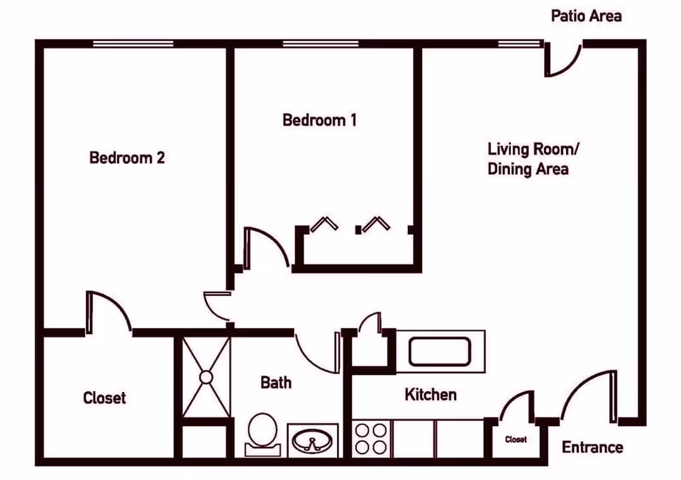 Floor plan layout of a residential unit showing two bedrooms, a bathroom, a kitchen, a living room/dining area, closets, an entrance, and a patio area.