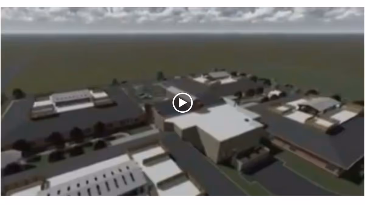 Aerial blurred 3D rendering of a campus with multiple buildings and a central play button overlay.