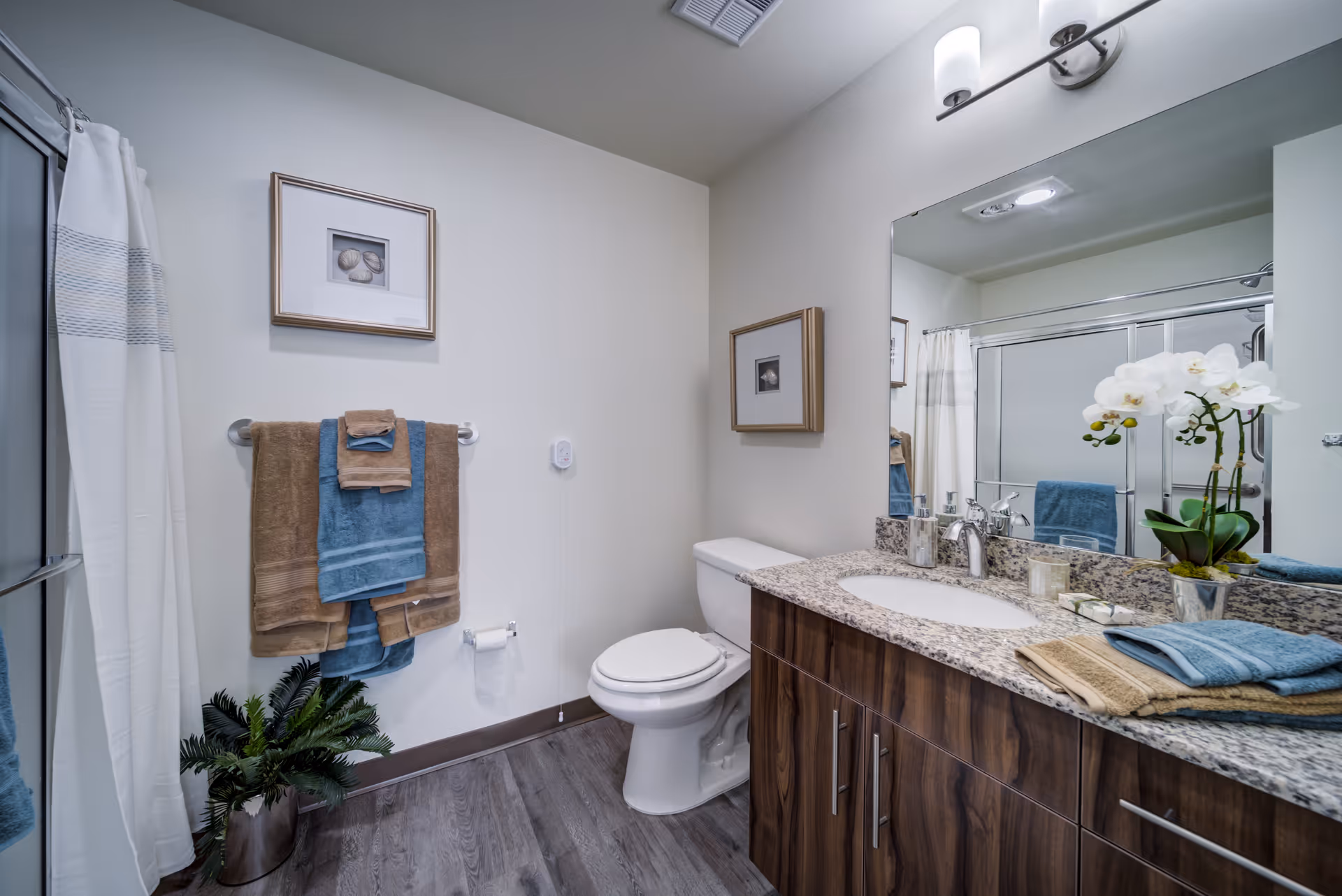 A clean and modern bathroom featuring a granite countertop with a sink, a large mirror, a toilet, a towel rack with brown and blue towels, a shower with sliding glass doors and a white shower curtain, a potted plant on the floor, and framed artwork on the walls.