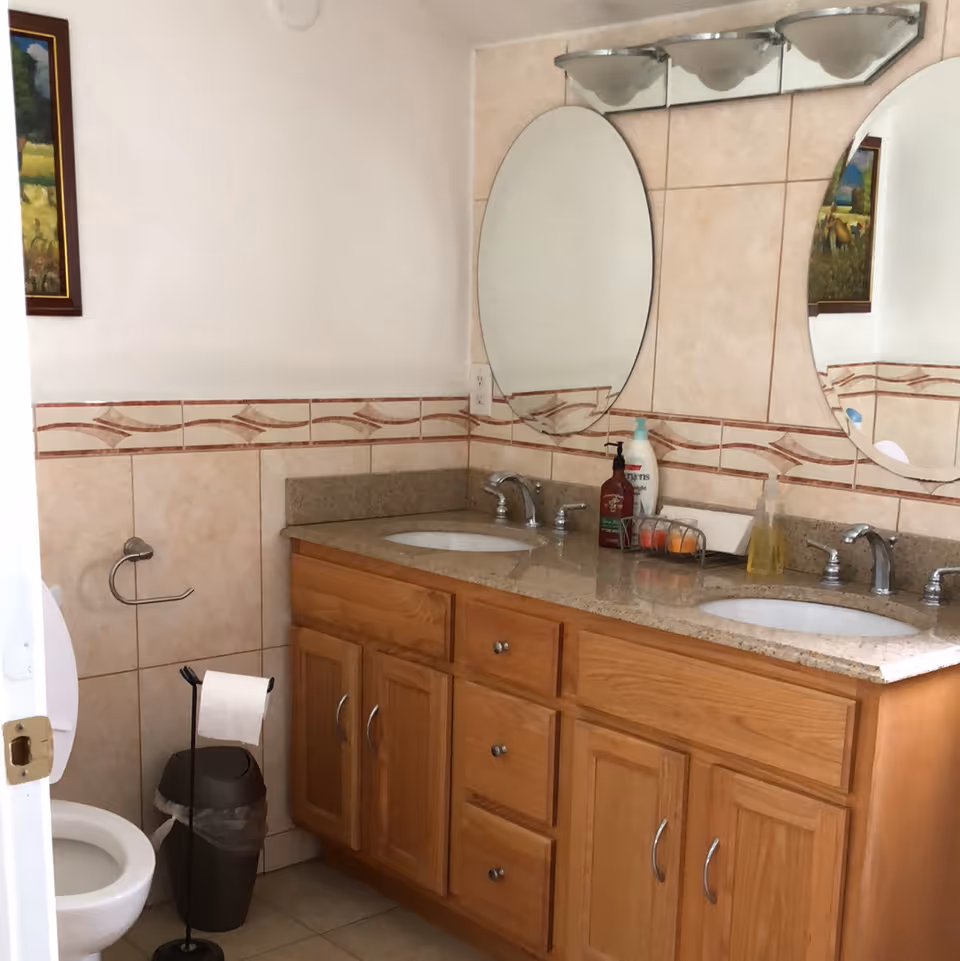 Bathroom with a double sink vanity featuring wooden cabinets and a granite countertop. Two oval mirrors are mounted above the sinks. There are soap dispensers and other toiletries on the countertop. A toilet with an open lid is visible on the left side, along with a toilet paper holder and a small trash can. The walls are tiled halfway up with a decorative border, and a framed painting hangs on the wall.
