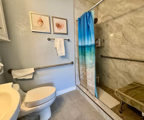 A bathroom with a toilet, sink, and a walk-in shower with a beach-themed shower curtain. The walls are light blue with two framed seashell pictures above a towel rack holding a white towel. There are grab bars near the toilet and inside the shower, which also has a foldable shower seat.
