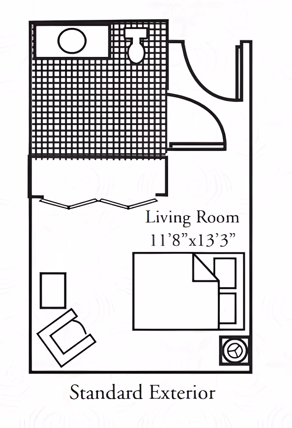 Black-and-white floor plan labeled "Standard Exterior" showing a small studio layout with a living room (11'8" x 13'3") containing a bed, chair and side table and an adjacent bathroom.