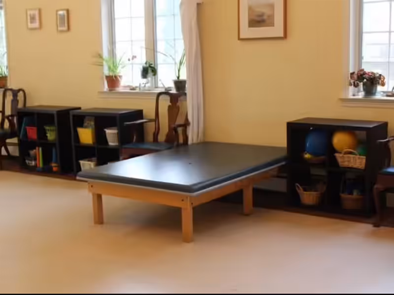 Bright interior activity room with a low padded therapy table, shelving holding exercise balls and baskets, chairs, and windows.