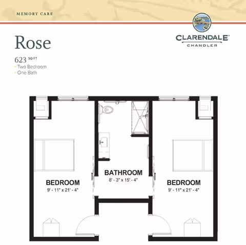 Floor plan of the Rose unit at Clarendale of Chandler showing two bedrooms and one bathroom. Each bedroom measures approximately 9 feet 11 inches by 21 feet 4 inches, and the bathroom measures 8 feet 3 inches by 15 feet 4 inches. The layout includes doors and fixtures for the bathroom and bedrooms.