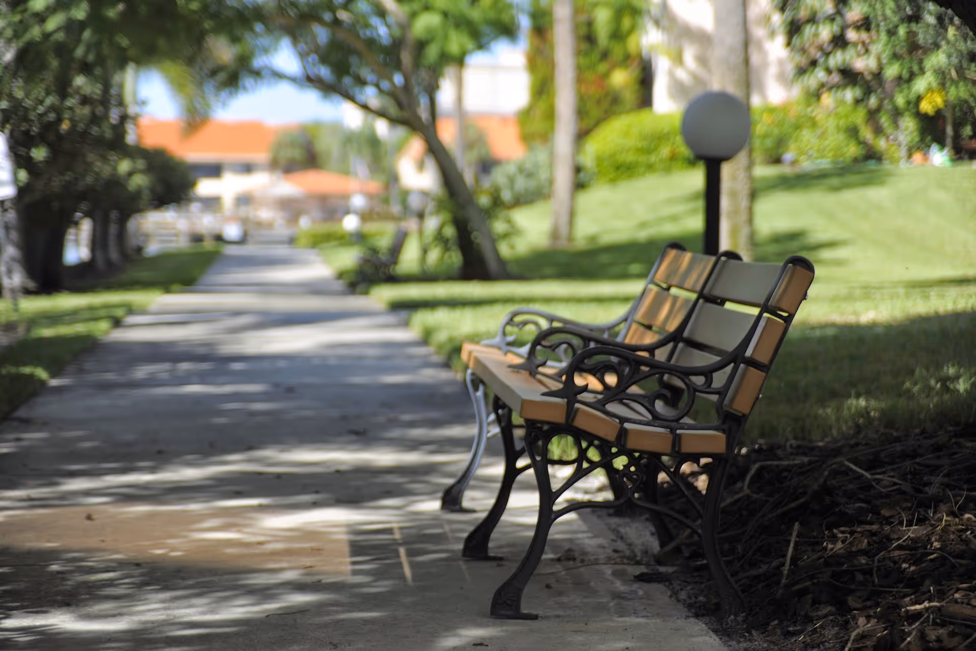 A shaded outdoor walkway with benches along the side, surrounded by green grass, trees, and bushes, with a building visible in the background under a clear sky.