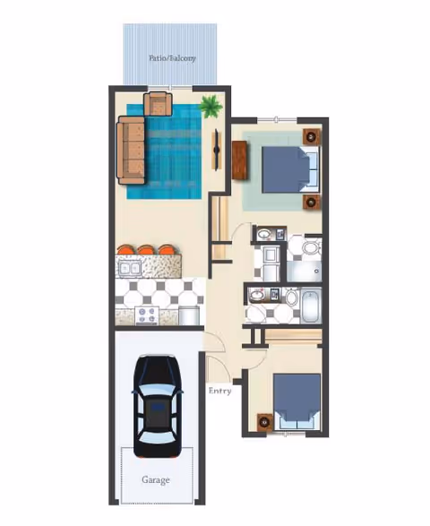 Floor plan of a residential unit showing a garage with a car, an entryway, a kitchen with a counter and three stools, a living room with a sofa and a chair, two bedrooms each with a bed and nightstands, two bathrooms, and a patio/balcony area.