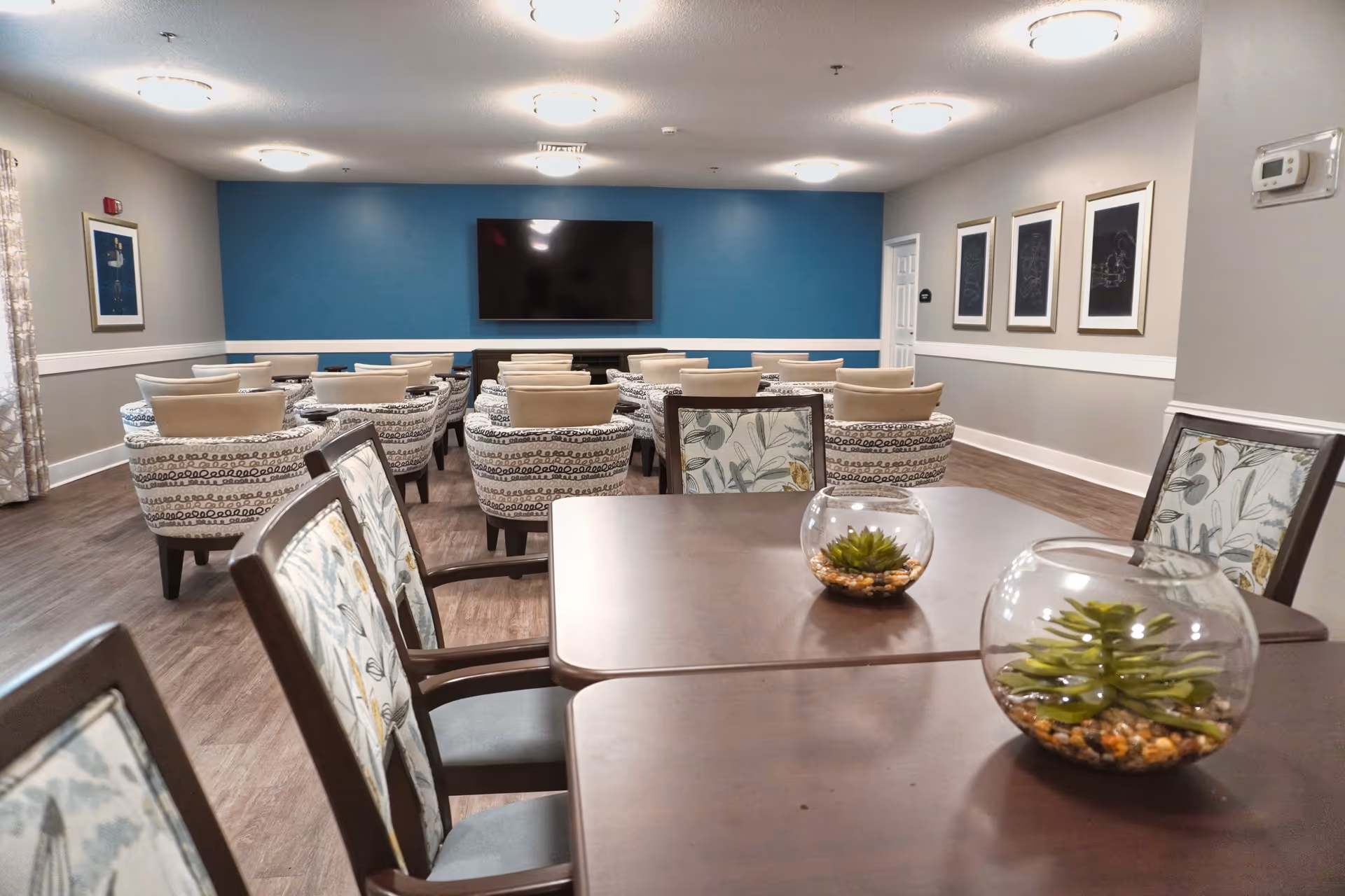 Common activity room with patterned chairs and dining tables arranged facing a wall-mounted TV on a blue accent wall.