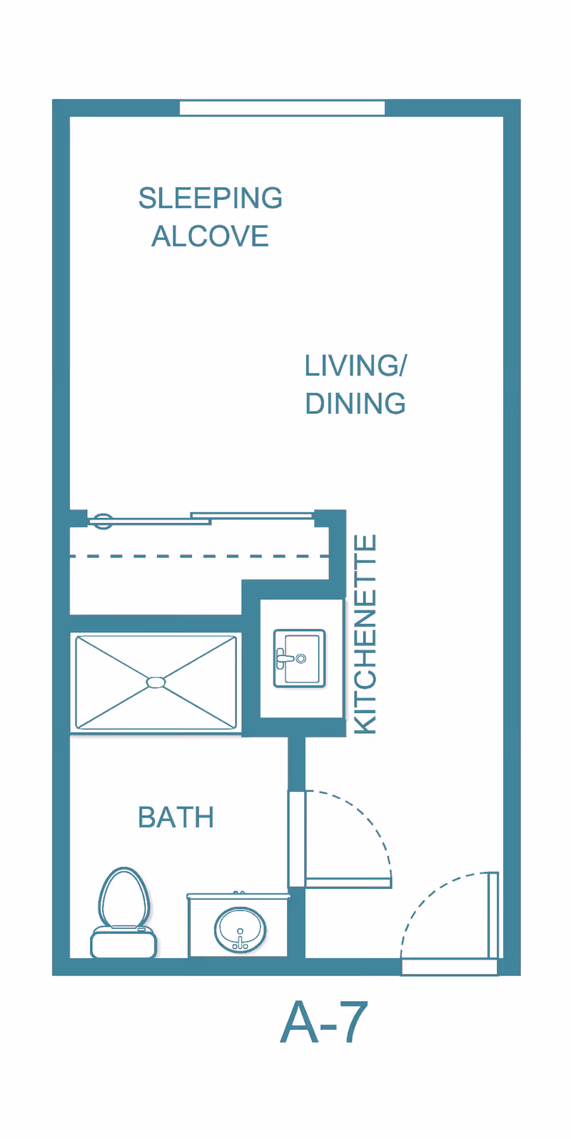 Architectural floor plan of a studio apartment labeled A-7 at TerraBella Riverplace, showing a sleeping alcove, living/dining area, kitchenette with a sink, and a bathroom with a toilet and sink.