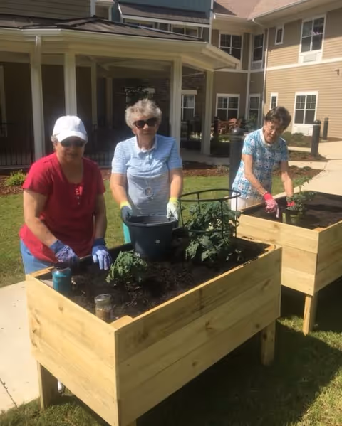 Three elderly women gardening outdoors at raised wooden garden beds in front of a residential building. They are wearing gloves and casual clothing, tending to plants in the soil under sunny weather.