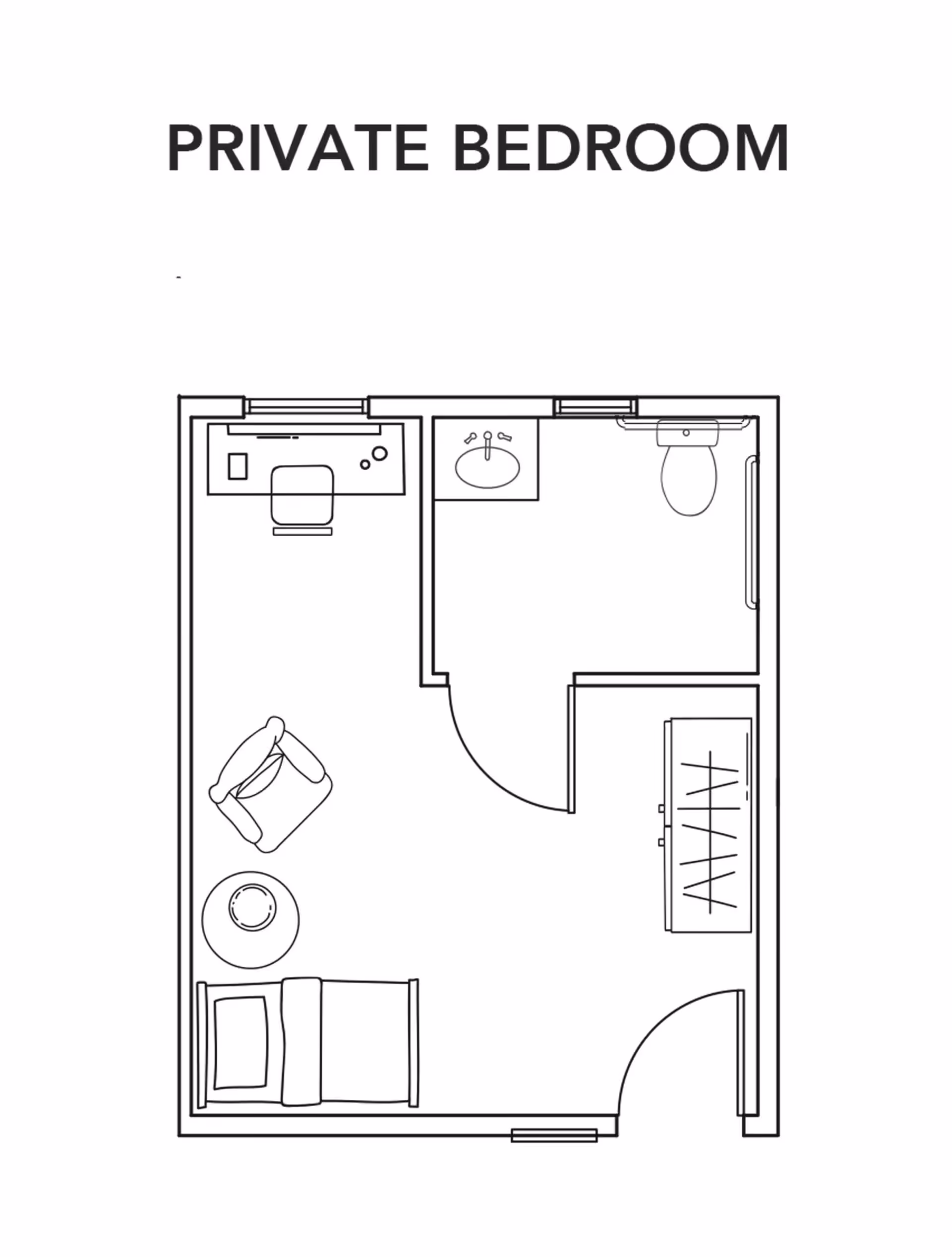 Floor plan layout of a private bedroom showing a bed, chair, round table, desk with chair, closet, and an attached bathroom with a sink and toilet.