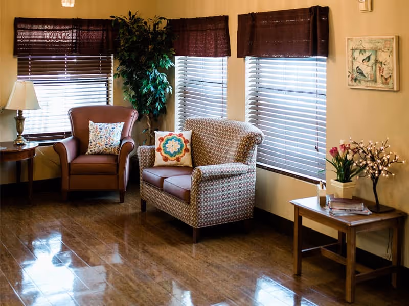A cozy sitting area with a brown armchair and a patterned loveseat, each with decorative pillows. The room has three windows with brown blinds and valances, a side table with a lamp, a potted plant in the corner, and another small table with flowers and a decorative lighted tree. The floor is wooden and the walls are light-colored with a framed picture hanging.