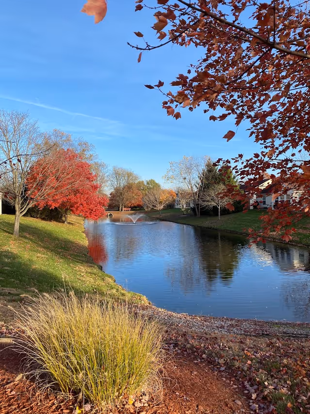 A peaceful outdoor scene at Robin Run Village Senior Living featuring a small pond with a water fountain in the center. Surrounding the pond are trees with autumn foliage in shades of red, orange, and yellow. The sky is clear and blue, and there is green grass and some ornamental grasses in the foreground.