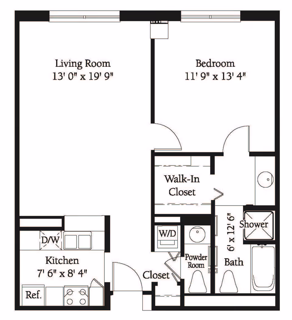 Floor plan of a one-bedroom apartment at Lincolnwood Place showing a living room, bedroom, kitchen, walk-in closet, powder room, bath with shower and tub, washer/dryer area, and closets with dimensions.