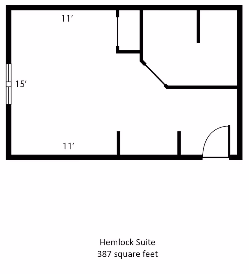 Floor plan layout of the Hemlock Suite at The Waterford at Wisconsin Rapids, showing room dimensions and the total area of 387 square feet.