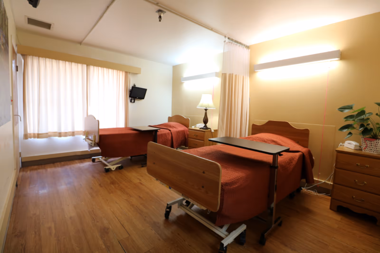 A healthcare facility room with two hospital beds covered in red bedspreads, each equipped with an overbed table. The room has wooden flooring, a window with beige curtains, a wall-mounted TV, a bedside lamp on a wooden nightstand, and a wooden dresser with a potted plant and a telephone. A privacy curtain is partially drawn between the beds.