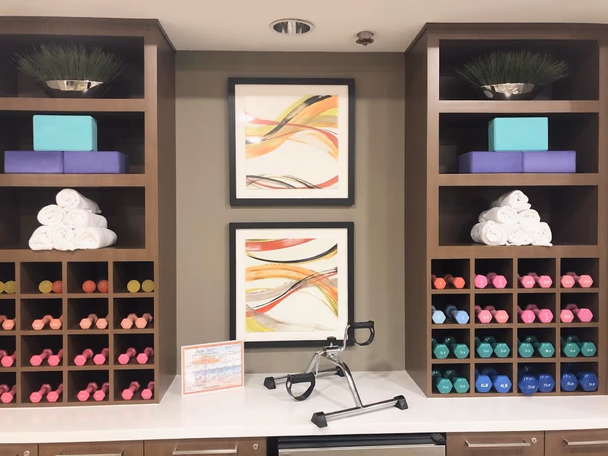 A fitness equipment storage area with cubby shelves holding various colorful dumbbells, rolled white towels, and exercise blocks. Two abstract art paintings with flowing lines in orange, yellow, black, and red hues hang on the wall above a white countertop. A small pedal exerciser and a calendar are placed on the countertop.