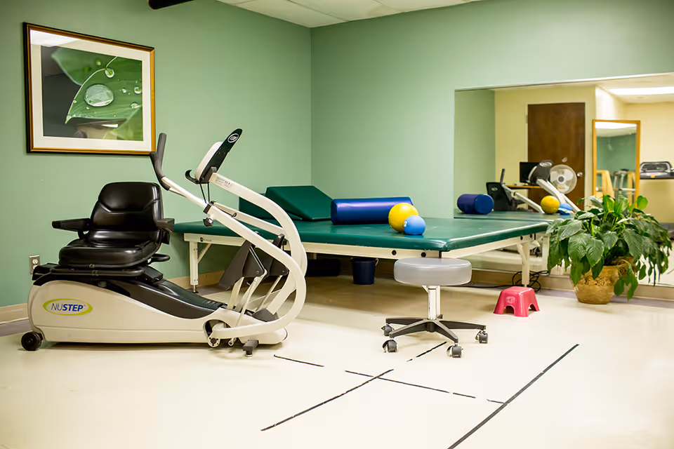 A small exercise room with a recumbent exercise bike, a padded therapy table with foam rollers and exercise balls, a rolling stool, a pink step stool, a large mirror on the wall, a potted plant, and a framed picture of a leaf with water droplets on a green wall.