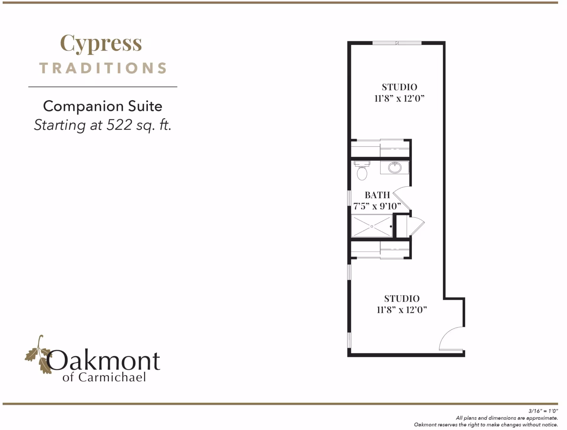 Floor plan of a companion suite at Oakmont of Carmichael named Cypress Traditions, starting at 522 square feet. The layout includes two studio rooms each measuring 11 feet 8 inches by 12 feet, and a bathroom measuring 7 feet 5 inches by 9 feet 10 inches located between the studios.