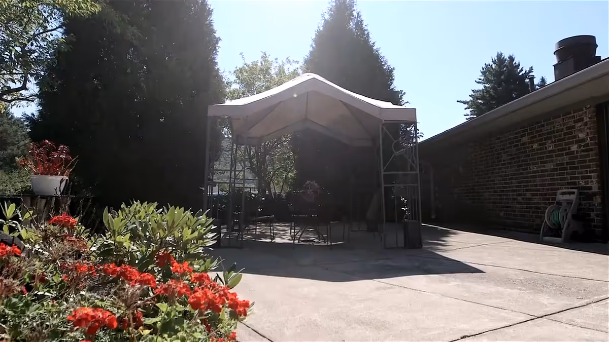 Outdoor patio with a canopy-covered seating area, a brick building wall to the right, and red flowers in the foreground.