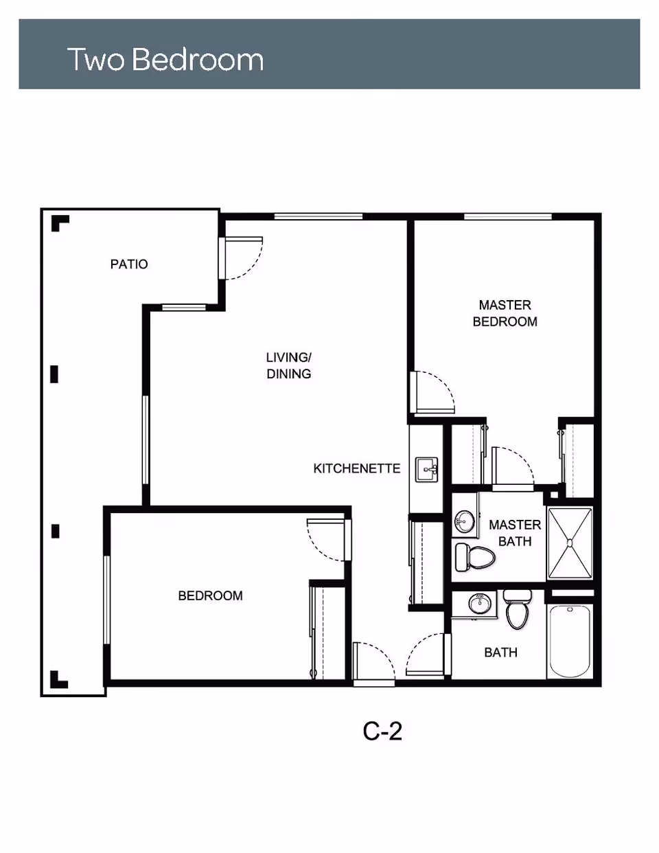 Floor plan layout of a two-bedroom unit labeled C-2, showing a master bedroom with attached master bath, a second bedroom, a living/dining area with kitchenette, a second bath, and a patio.