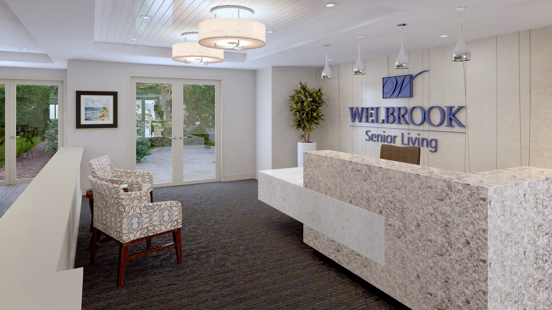 Reception area of Welbrook Senior Living facility with a large stone reception desk, two patterned armchairs, a potted plant, wall art, and glass doors leading outside. The Welbrook Senior Living logo is displayed on the wall behind the desk.