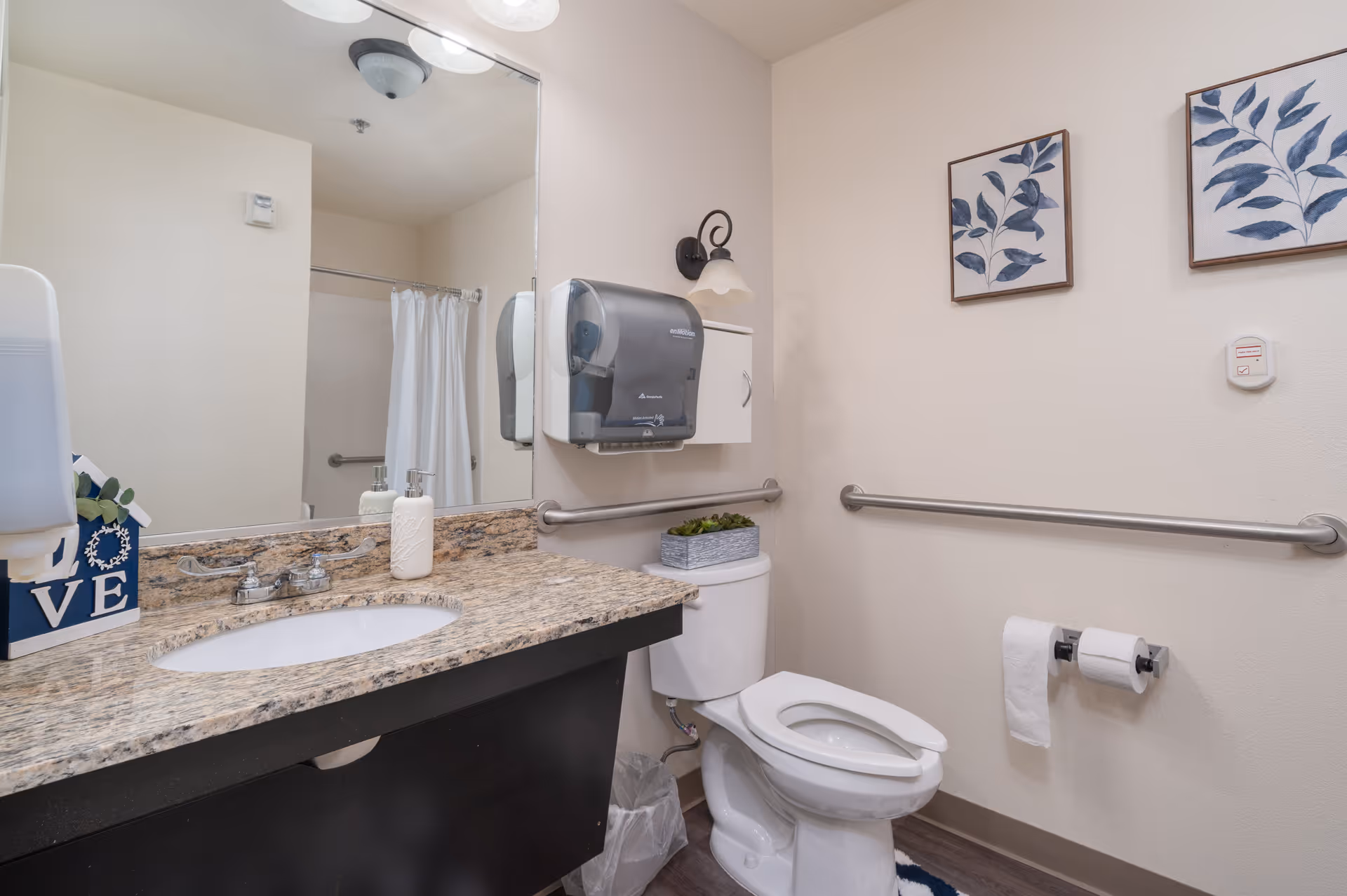 Accessible bathroom with a toilet, sink set in a granite countertop, wall-mounted grab bars, and a paper towel/toilet paper dispenser.