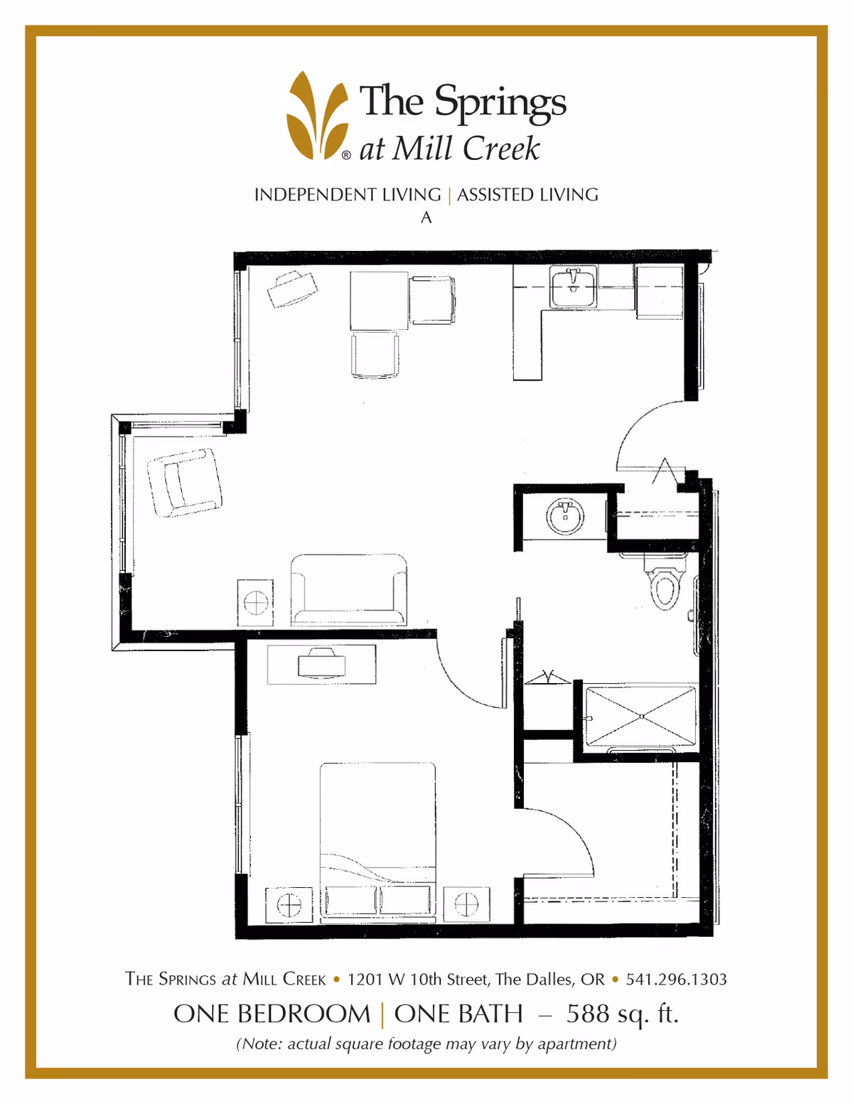 Black-and-white floor plan labeled "The Springs at Mill Creek" for a one-bedroom, one-bath apartment showing a living area, kitchen, bedroom, and bathroom.