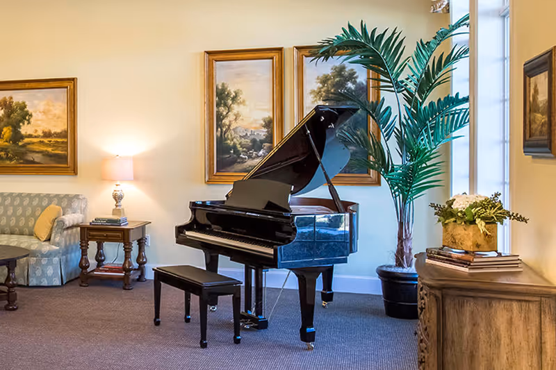 A cozy living room area featuring a black grand piano with a matching bench, a patterned sofa with a yellow pillow, a wooden side table with a lamp and books, framed landscape paintings on the wall, a large potted plant near a window, and a wooden cabinet with a floral arrangement and books.