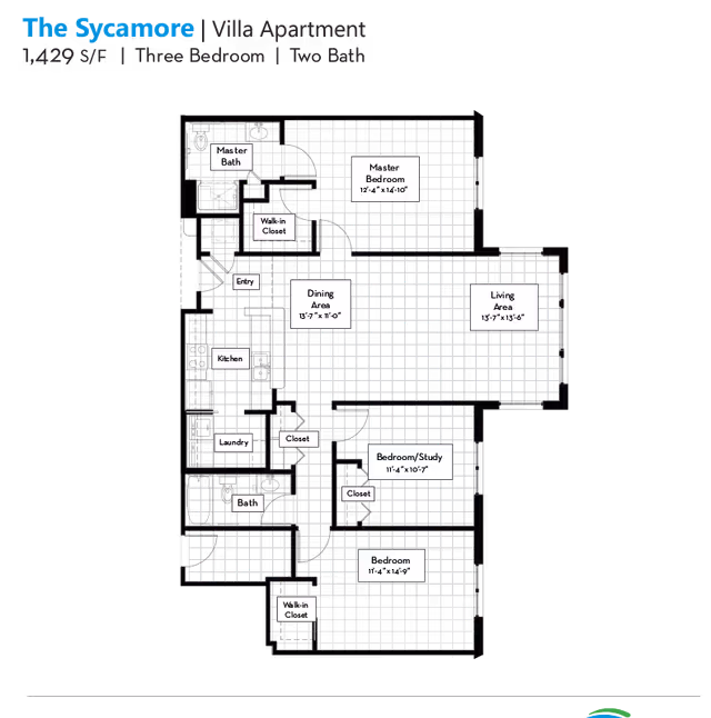 Floor plan of The Sycamore villa apartment at Homestead Hills, showing a three-bedroom, two-bath layout with labeled rooms including master bedroom with master bath and walk-in closet, dining area, living area, kitchen, laundry, additional bath, bedroom/study, and closets.