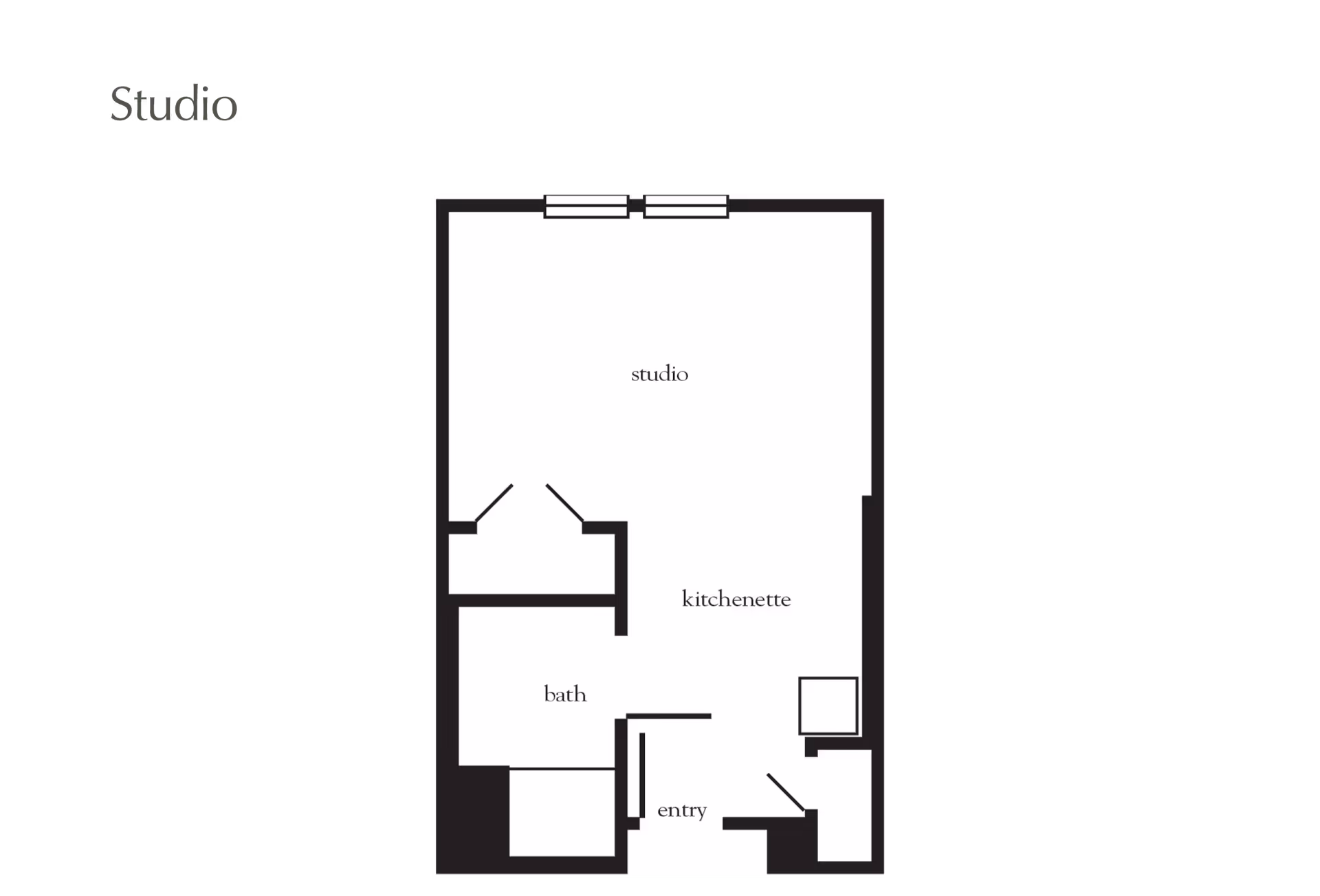 Floor plan of a studio apartment at Atria Longmeadow Place showing a studio living area, kitchenette, bath, and entry.