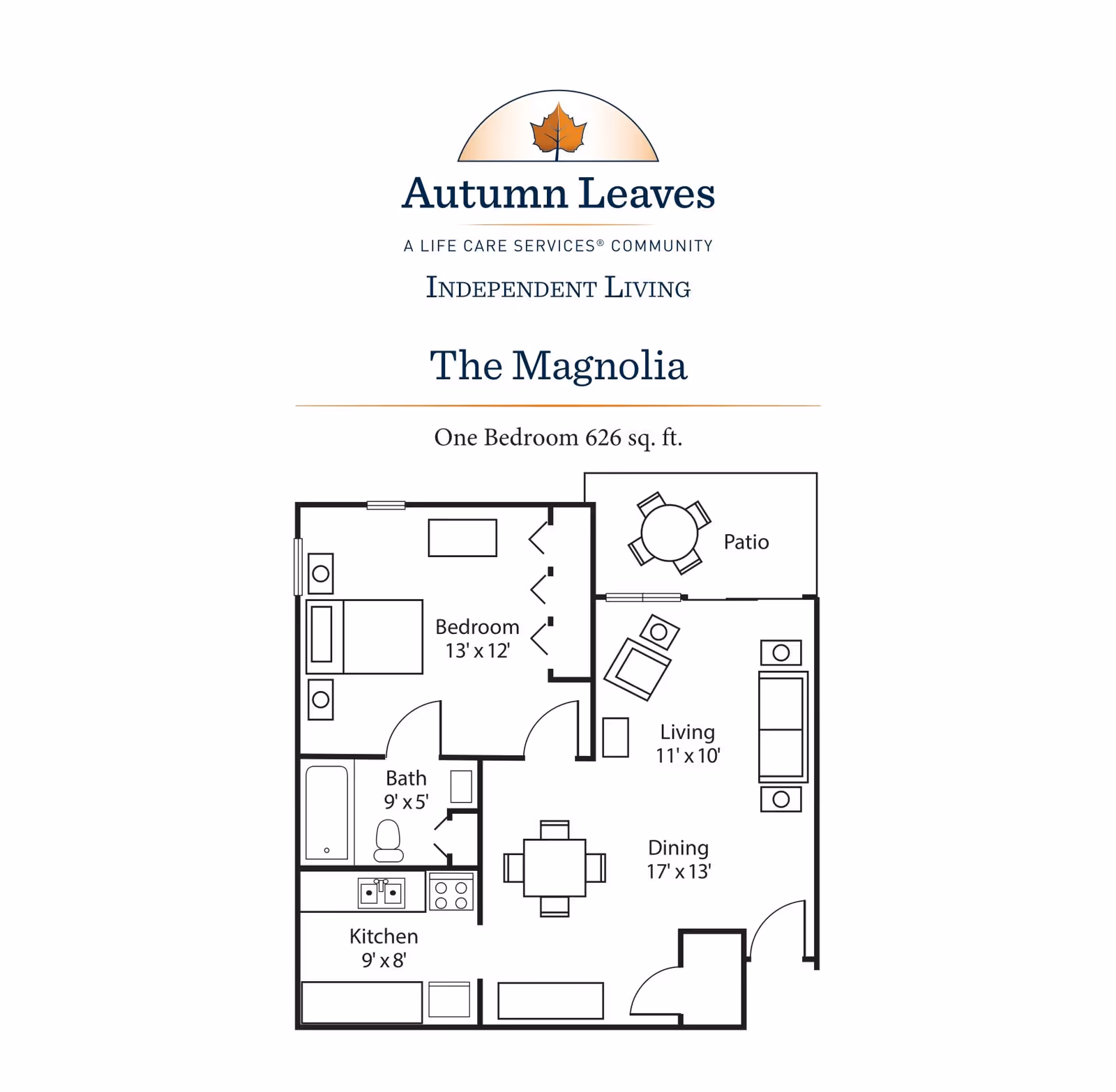 Floor plan of The Magnolia, a one-bedroom apartment with 626 square feet at Autumn Leaves independent living community. The layout includes a 13 by 12 feet bedroom, a 9 by 5 feet bathroom, a 9 by 8 feet kitchen, a 17 by 13 feet dining area, an 11 by 10 feet living room, and a patio with a round table and four chairs.