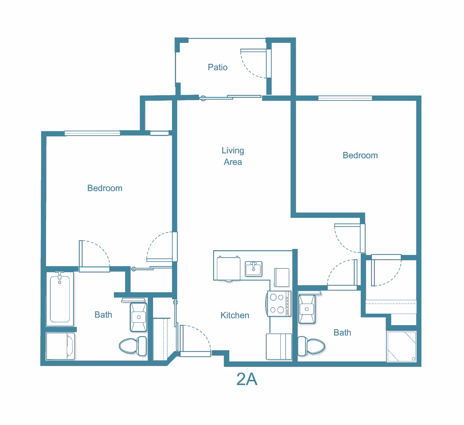 Blueprint-style floor plan of a two-bedroom, two-bath apartment with a kitchen, living area and patio labeled 2A.