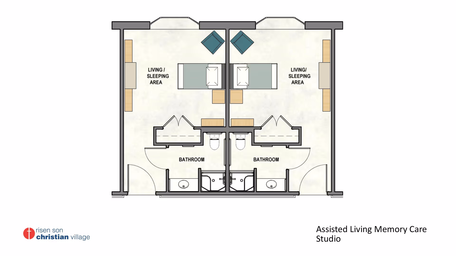Architectural floor plan of an assisted living memory care studio showing two mirrored living/sleeping areas each with a bed, two chairs, a bathroom with a toilet, sink, and shower, and closets. The plan is labeled with room names and includes the logo for Risen Son Christian Village.