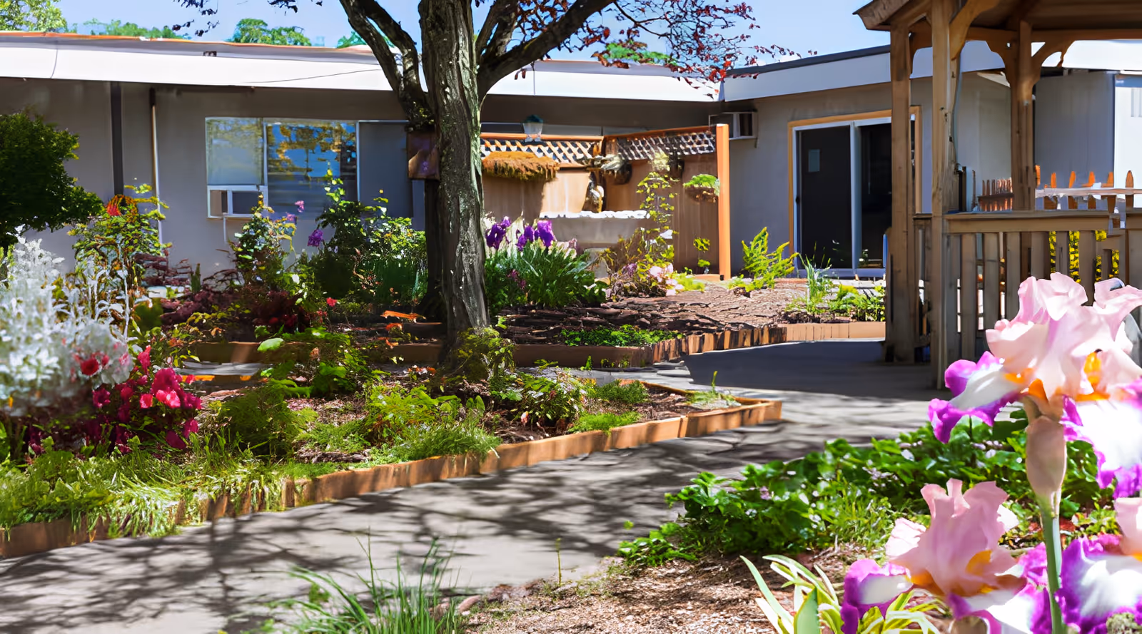 A sunny outdoor garden area at Rose Haven Nursing Center featuring a variety of colorful flowers, green plants, a tree, and a paved walkway. There is a wooden gazebo structure on the right side and a single-story building with windows and doors in the background.