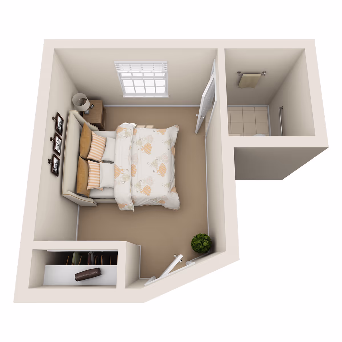 3D floor plan of a small bedroom with a bed, nightstand with a lamp, window, closet, and an attached bathroom with a towel rack and toilet.