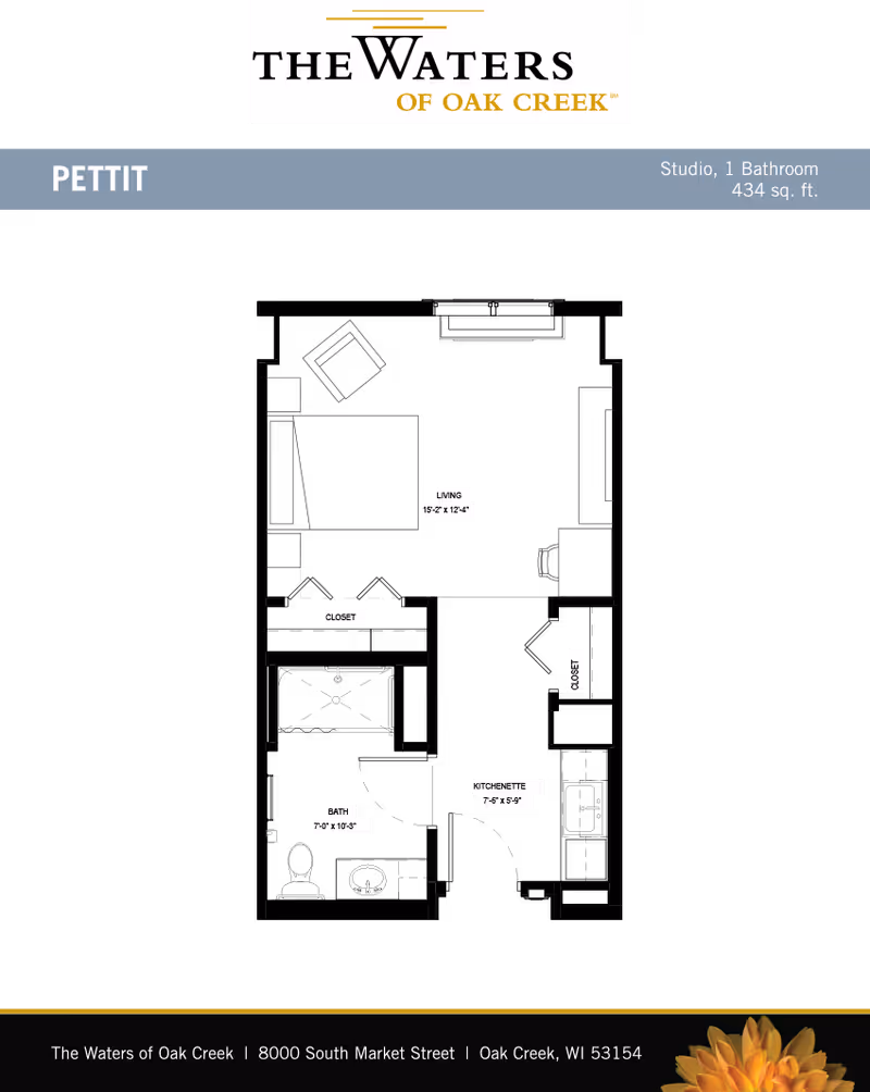 Floor plan for the Pettit studio (434 sq. ft.) at The Waters of Oak Creek showing labeled living area, kitchenette, bath, and closet.