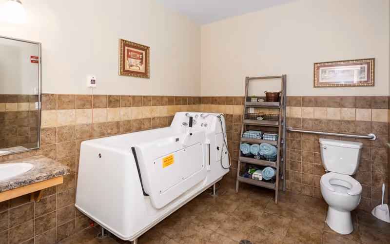 Spacious accessible bathroom featuring a walk-in therapeutic tub, toilet, sink, and shelving with towels against tiled walls.